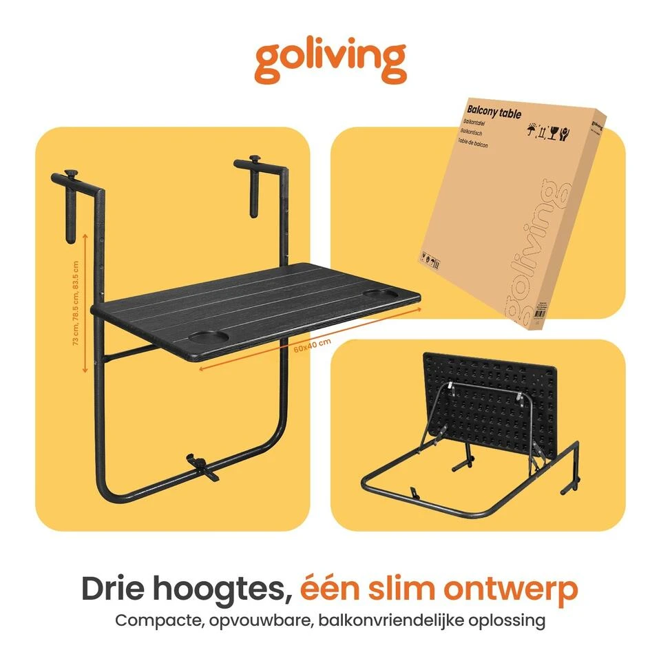 Goliving Balkontafel - Inklapbaar - Hangend - 60 X 40 Cm - Hoogteverstelbaar 10 Goliving Balkontafel - Inklapbaar - Hangend - 60 X 40 Cm - Hoogteverstelbaar - Afbeelding 8