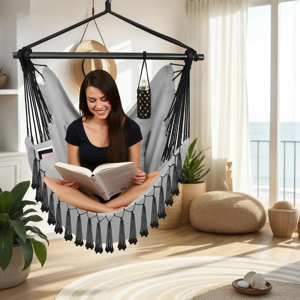 Tectake Hangstoel Malika, Boho-stijl, Draagkracht 150kg, Grijs 4 Tectake Hangstoel Malika, Boho-stijl, Draagkracht 150kg, Grijs - Afbeelding 2